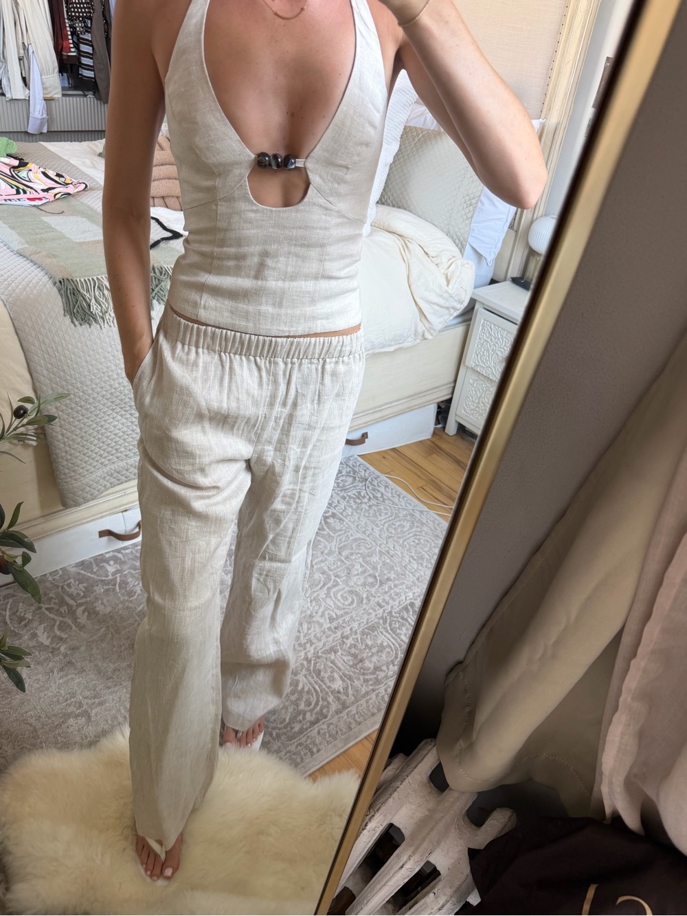 Kookai Cream Wide-Leg Linen Blend Halter Top/ Pants Set